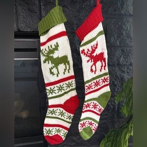 Cable Knit Christmas Holiday Stockings - Matching Red and Green Moose